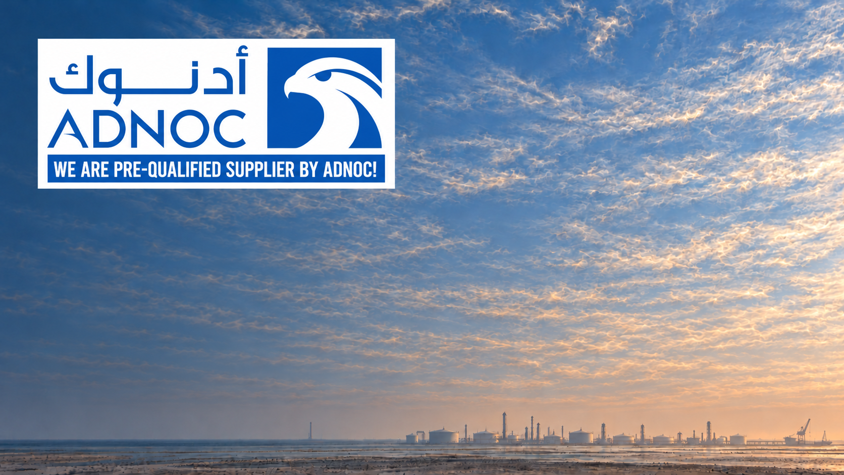 ADNOC prequalification badge against an industrial coastal landscape